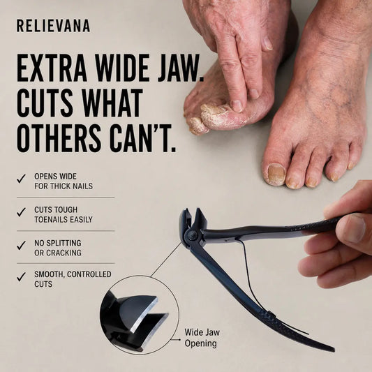 Relievana nail clipper with extra wide jaw for trimming thick toenails