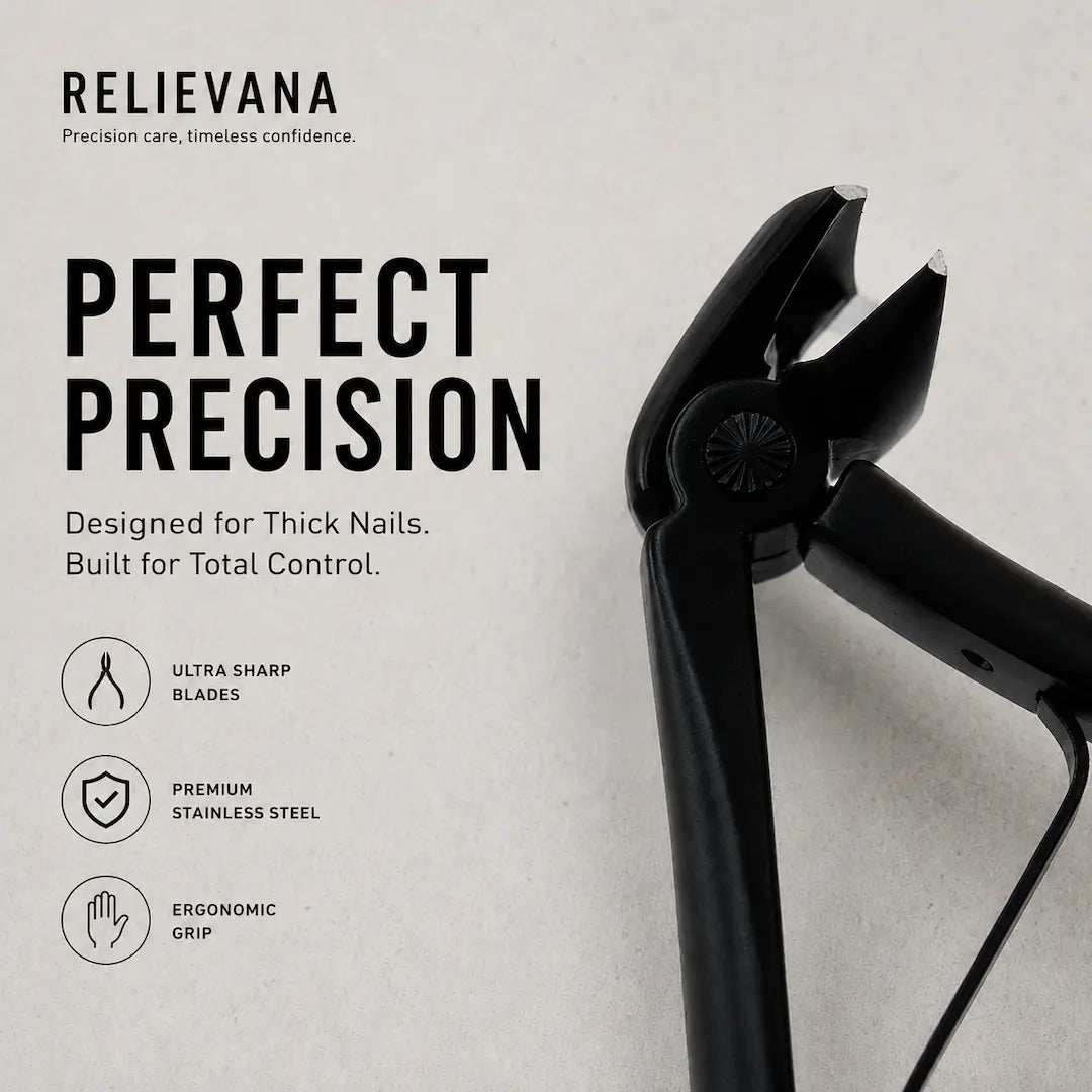 Close-up of Relievana precision-ground blades for thick nail trimming