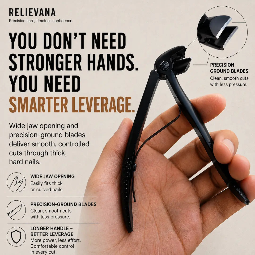 Relievana nail clipper featuring wide jaw opening and precision-ground blades