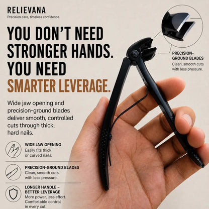 Relievana nail clipper featuring wide jaw opening and precision-ground blades